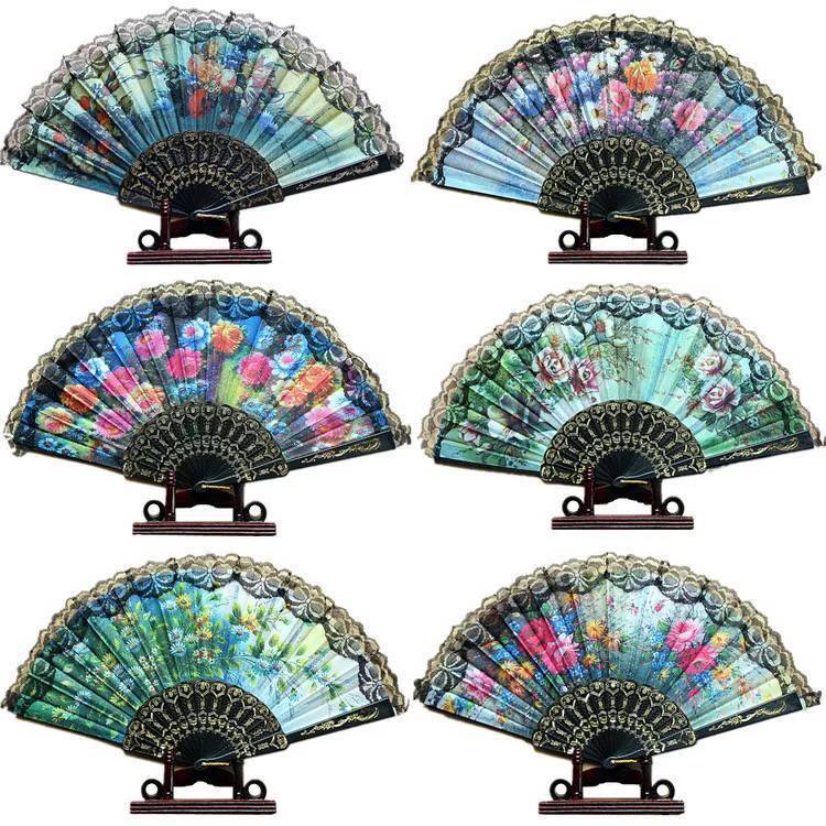 Ventas transfronterizas calientes de seda de encaje español ventilador de tela plegable ventilador de varilla blanca de verano chino danza fotos al por mayor image 4