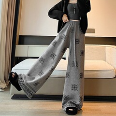 韩版复古印花针织阔腿裤女2025秋冬新款高腰显瘦慵懒垂感休闲裤子