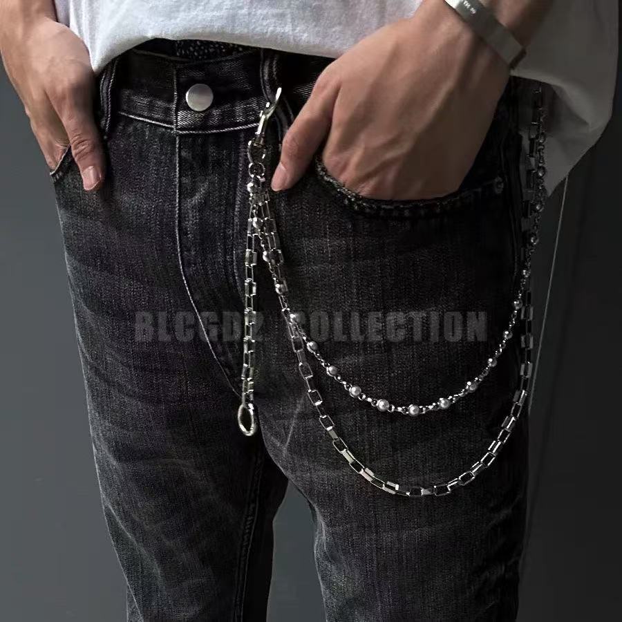 Accessoires punk pour hommes : ceinture en denim métallisé, pantalon tendance hip-hop avec chaîne épaisse et ornement suspendu._voghion.com