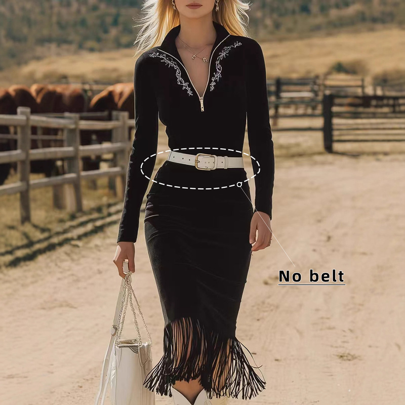 Vintage Western Casual Long Sleeve Printed Zipper Tassel Dress (Without Belt) Vintage Western Casual Long Sleeve Printed Zipper Tassel Dress (Without Belt)