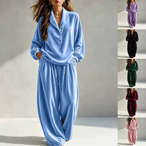 2026 European and American Women's Clothing Amazon Independent Site Autumn/Winter New Casual Fashion Velvet Long Sleeve Long Pants Turn-down Collar Set