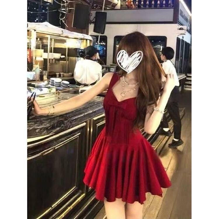 French-Style Bow Red Spaghetti Strap Dress for Women, Summer Rich Daughter Princess Mini Dress, Waist-Cinching Sleeveless Short Dress