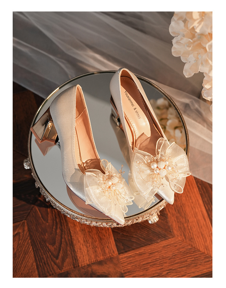 6222A-008 Chunky Heel Pointed Toe Satin Appliqué High Heels For Banquet Wedding Bridesmaid Shoes Comfortable Versatile_voghion.com