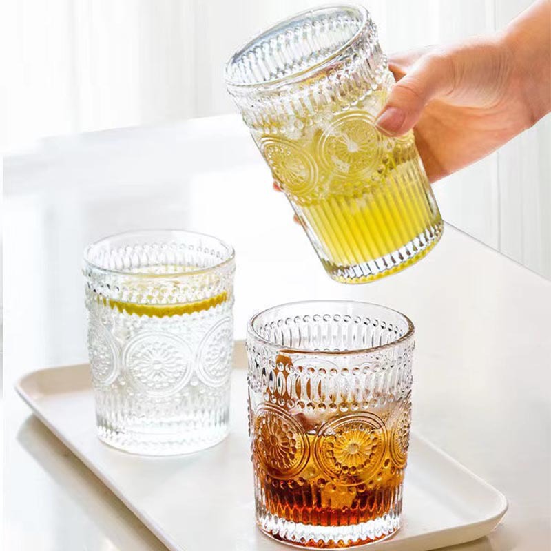 復古浮雕太陽花水杯透明金邊ins風圓形玻璃杯咖啡杯婚慶伴手禮品