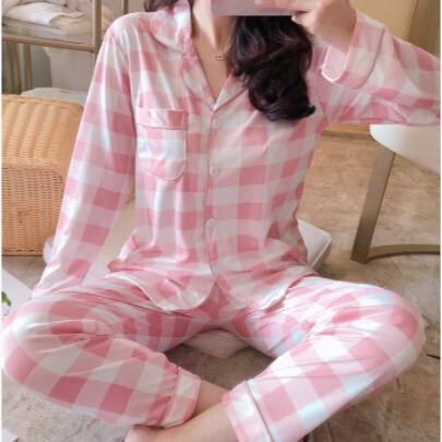 Spring and Autumn Women's Pajamas Long-sleeved Student's Korean-style Sweet Cardigan Button-up Pregnant Women's Moon Suit Outer Wear Home Suit