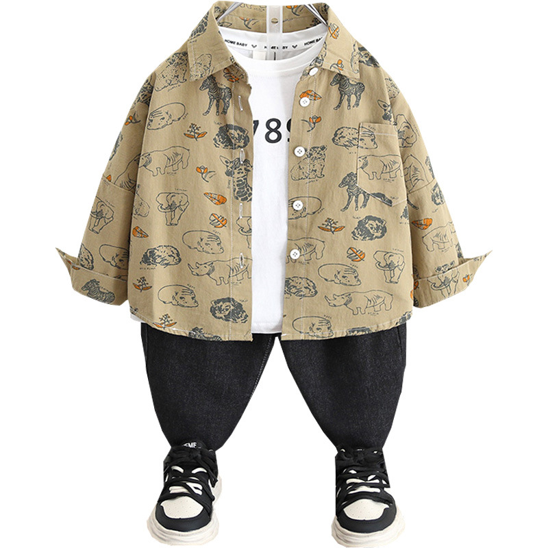 5837 Camisa de dibujos animados para niños Primavera y otoño para niños Camisa coreana de manga larga de estilo occidental 2025 nueva chaqueta para niños