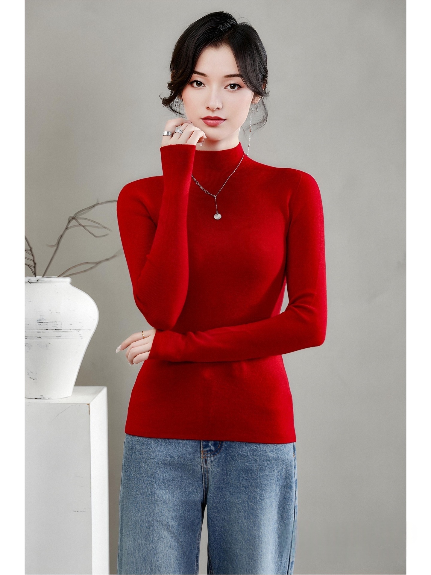 揚子糸ワンピース成形シームレスウールセーター女性のセータースリムハーフタートルネック 100% ウールニットボトリングシャツ