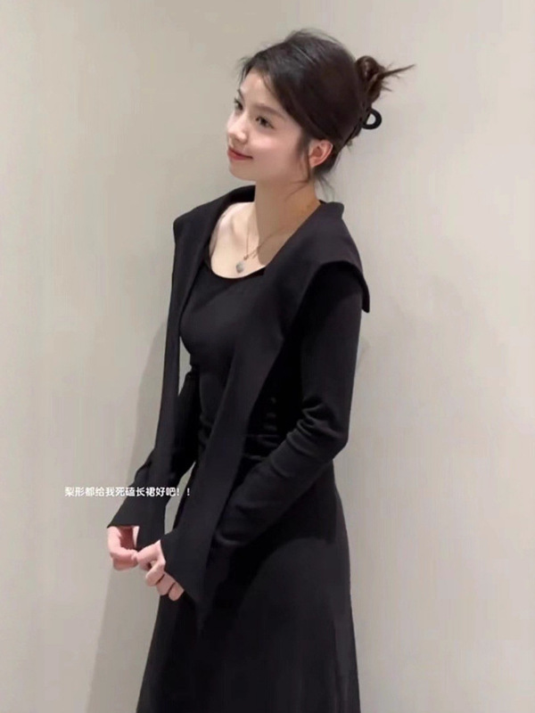 韩系穿搭系带披肩长袖连衣裙子女装秋季巨好看收腰显瘦包臀裙长裙|undefined