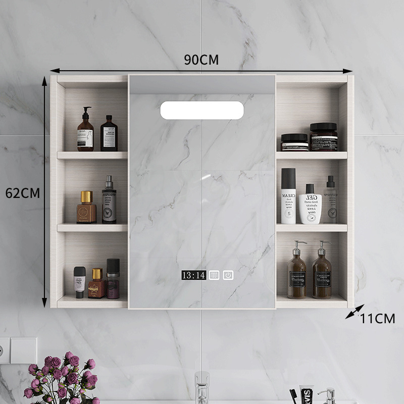 Armario de espejo de baño de lujo ligero simple con estante de almacenamiento espejo de baño caja de espejo de baño almacenamiento montado en la pared de fibra de carbono