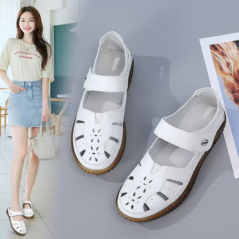 跨境平底鞋子女2025新款夏季包头妈妈凉鞋牛筋底镂空沙滩大码女鞋