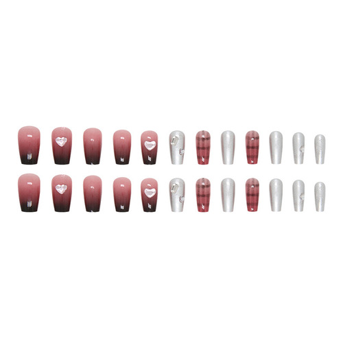 Sweetheart Grid Gradient Spicy Girl Mirror Drill Embedded Nail Silver Gray Metal Texture Diamond Stack Nail Wearable Nail Artificial Nail
