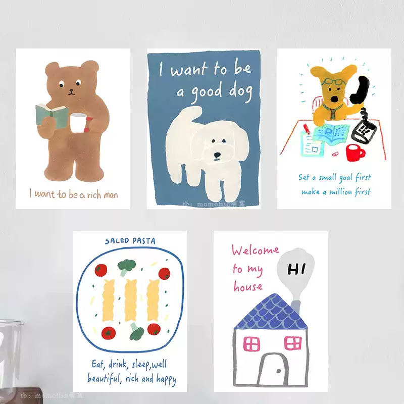 Korean Ins Hand-Painted Cartoon Puppy Bear Poster Room Bedroom Kidsren's Photography Background Wall Art Decoration Painting