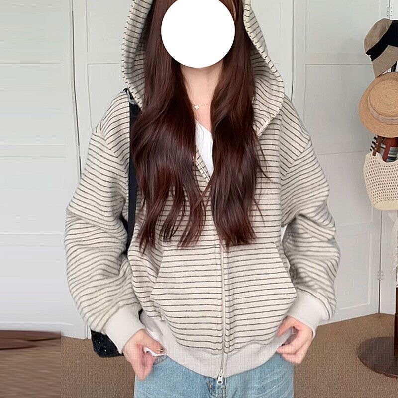 美式复古韩系连帽卫衣外套女秋季慵懒风宽松条纹撞色开衫百搭上衣|undefined