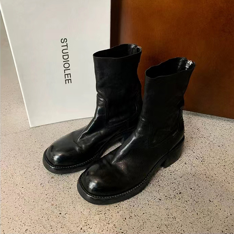 Botas estilo Martin para otoño e invierno, tacón grueso retro, cremallera trasera, 6 cm, botines cortos de piel de caballo texturizada lavada para mujer.