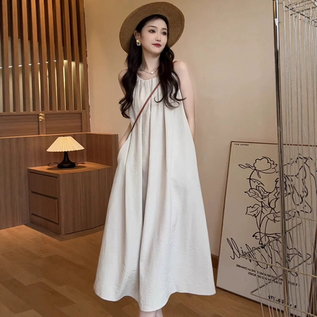 Женское летнее платье-жилет без рукавов абрикосового цвета, новинка 2025 года, для отдыха на море, элитная длинная юбка на подтяжках для маленьких людей