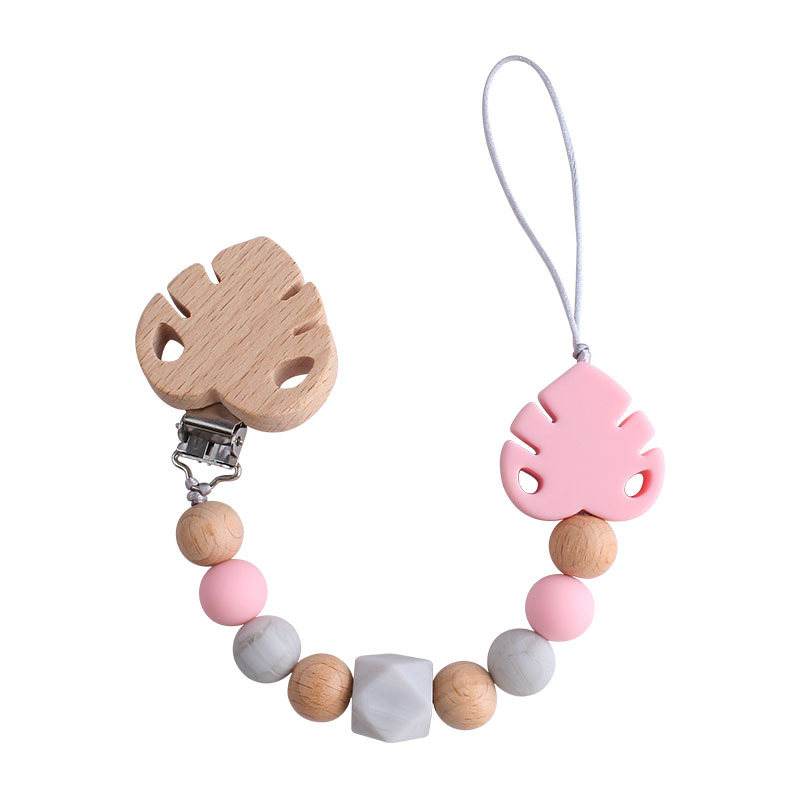 Suministros para bebés creativo clip de chupete de hoja de haya juguete mordedor bebé Cadena de chupete de hoja de silicona cadena anti-caída