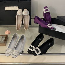 法式爆款水钻方头平底单鞋女2025年春秋新款时尚气质低跟浅口鞋子