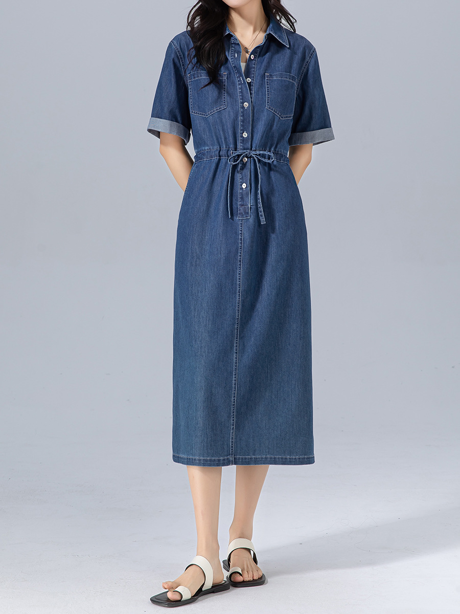 Váy liền dáng dài polo cotton thắt eo dây rút tay ngắn mùa hè — Màu xanh lam