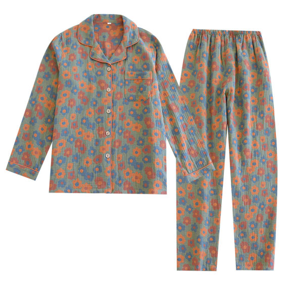 New Yarn-dyed Washed Cotton Women's plus size Home Clothes Double-layer Cotton Yarn Retro Style Pajamas Four Seasons Thin suit