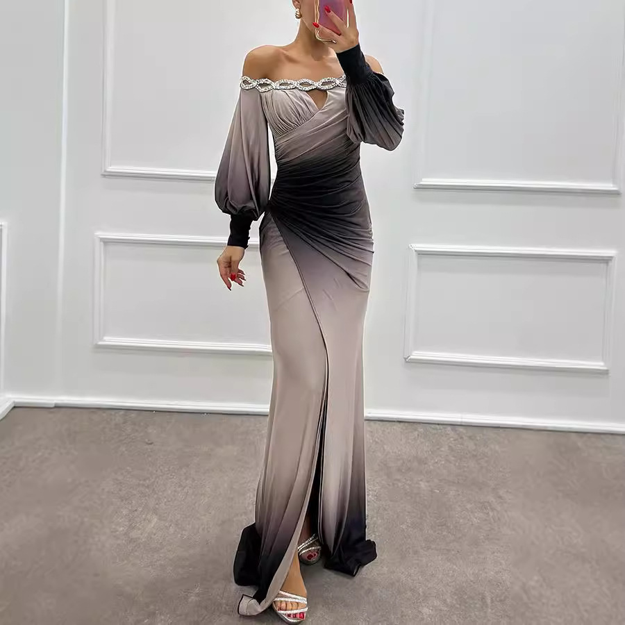 Abbigliamento donna 2024 autunno e inverno nuovo abito stampato monospalla a maniche lunghe INS abito casual da festa per donna_voghion.com