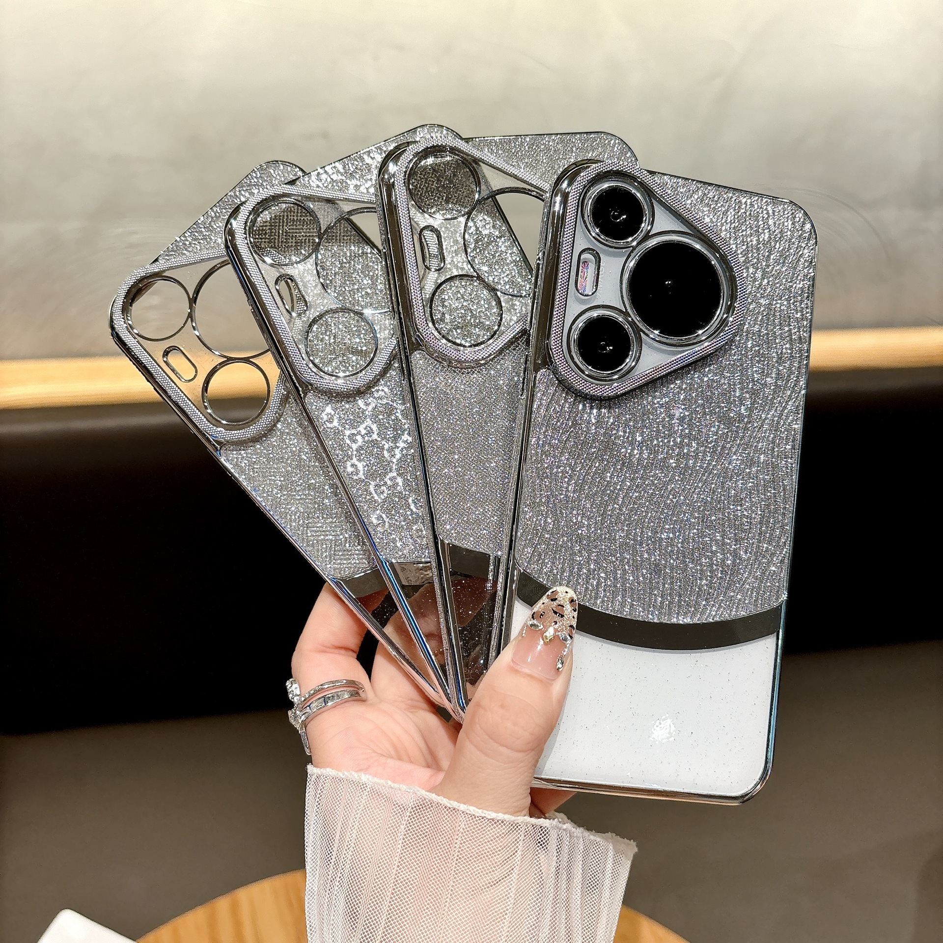 奢华闪粉拼接适用华为P80Ultra双G格子纹手机壳P70pro+精孔保护套