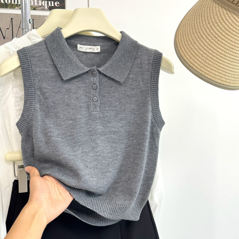 Gray Polo Collar Knitted Sleeveless Vest Thin Women's Summer 2026 New Style Lazy Style Elegant Work Clothing Outerwear Top