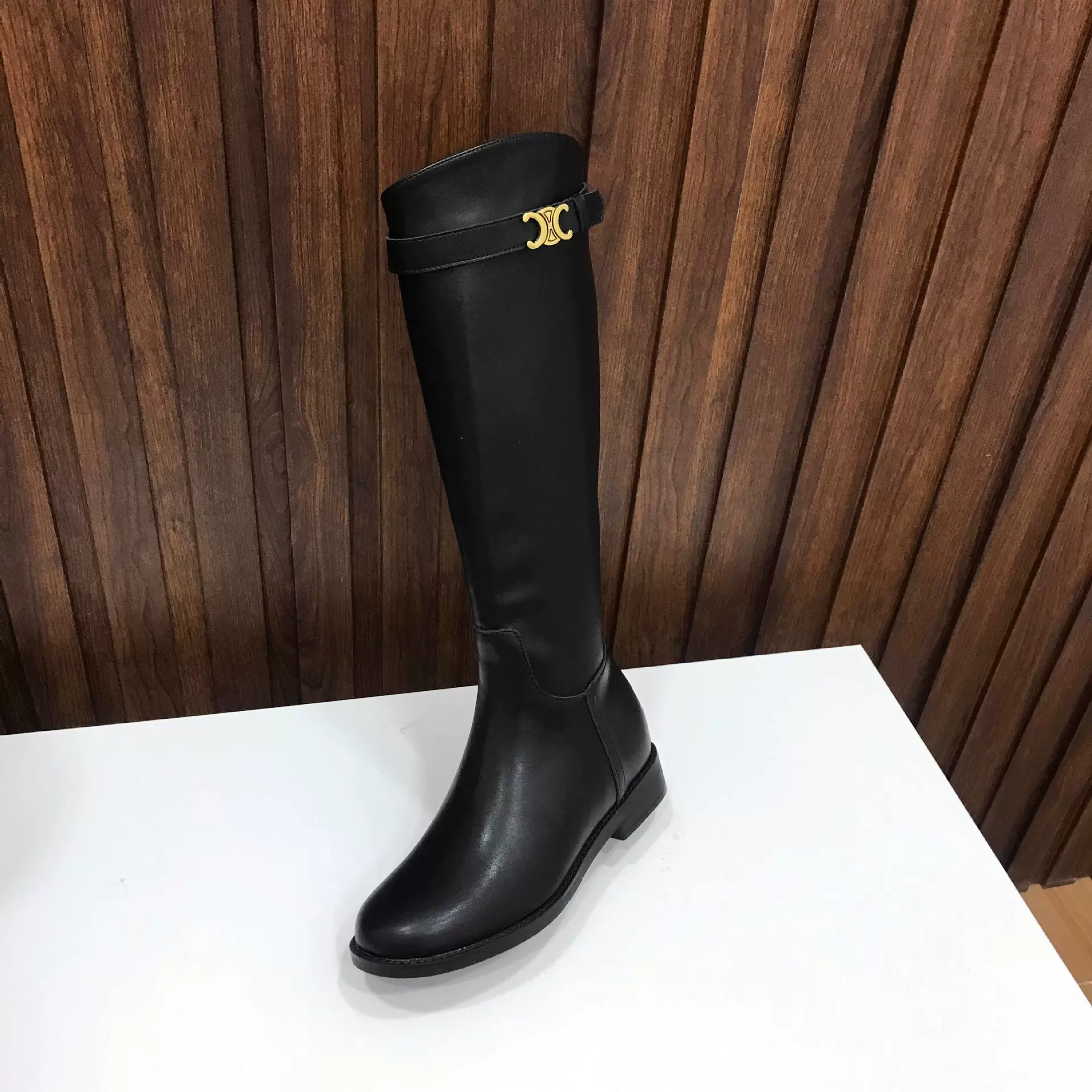 现货秒发！韩版百搭新款牛皮斜口凯旋门扣带粗跟高筒骑士靴女秋冬