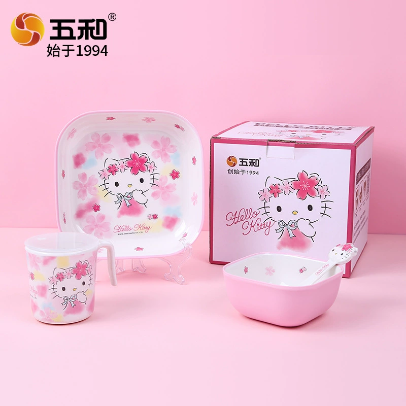 五和 Hello kitty, посуда для кормления, подарочная коробка, детская тарелка для кормления с мультяшным дизайном, ложка