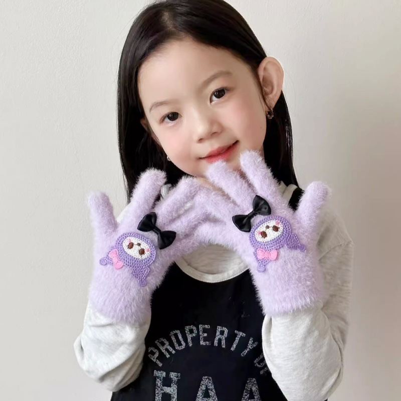 Guantes para niños otoño y invierno caliente corbata de dibujos animados galería de arroz dedo de las niñas guantes de punto de lana pelusa gruesa