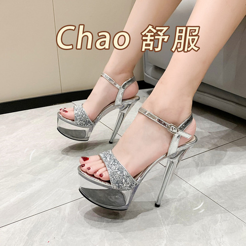 Shimmering High Heel Transparent Base Crystal Block Heel Women's Single Shoes Sandals Bridal Maid Moon Shoes for  Summer