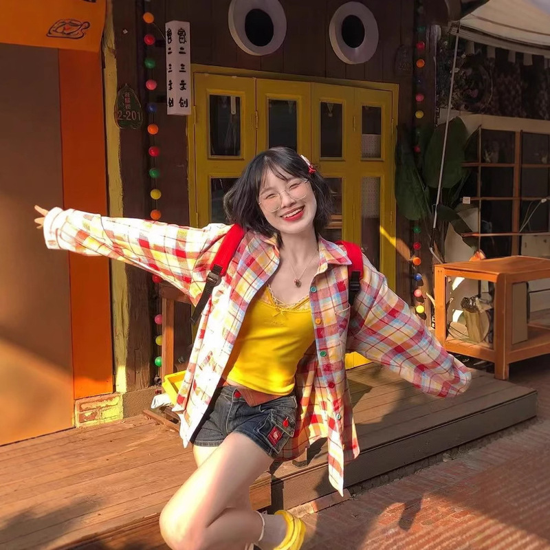 [Ready Stock in Our Own Factory] Dopamine Wear Rainbow Plaid Women's Spring New Versatile Sun Protection Long-Sleeved Shirt