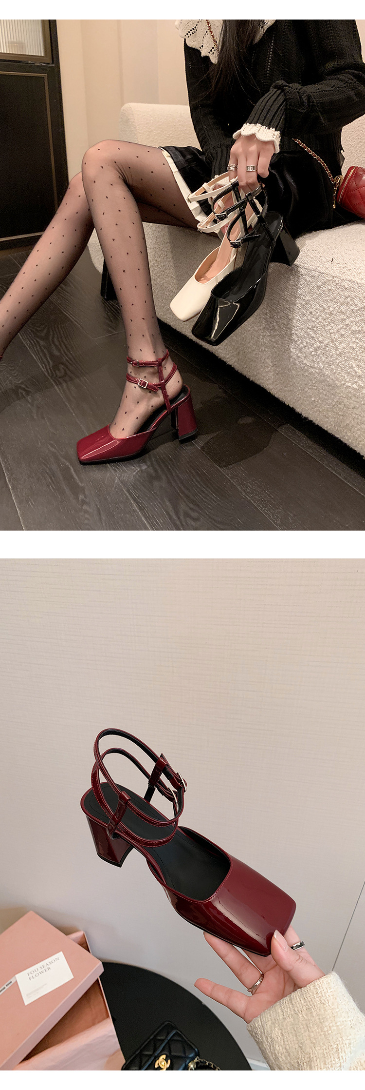 Giày sandal cao gót nữ mũi vuông bít mũi quai ngang gót thô da thật — Màu đen chi tiết 15