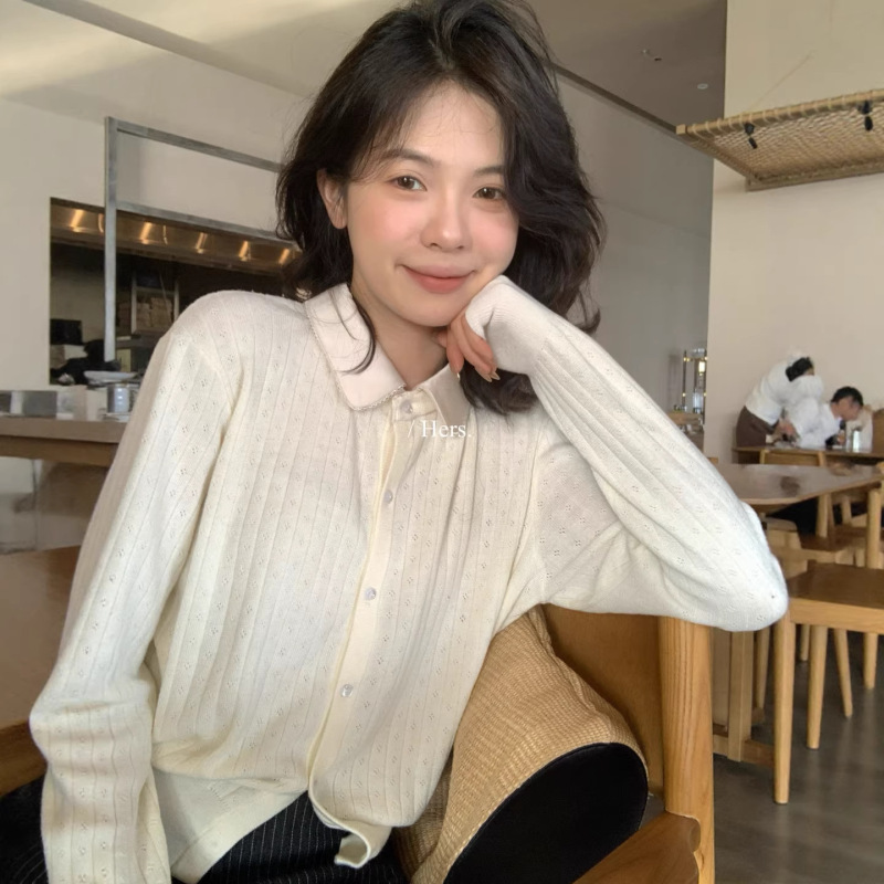 Hers a Spoonful of Sweetness Korean-Style Minimalist Academy-Inspired Versatile Slim-Fit Soft and Skin-Friendly Polo Collar Long-Sleeve Knit Sweater