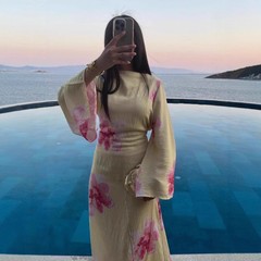跨境外贸印花连衣裙 ins欧美喇叭袖大花气质连衣裙女NQ6027