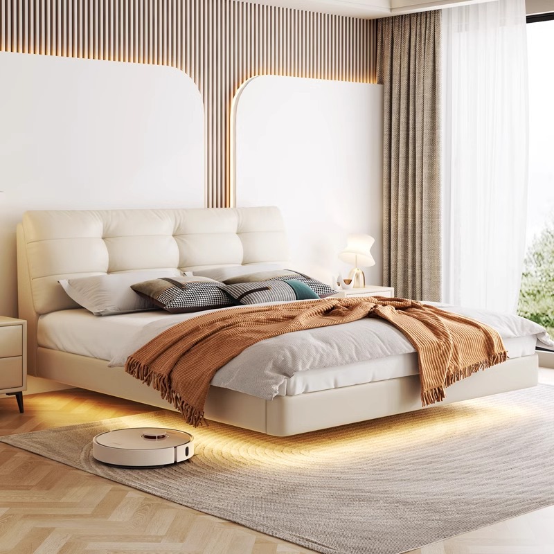 Floating leather bed Italian minimalist top layer cowhide bedroom Double smart bed Master bedroom Queen bed Down soft package Wedding bed