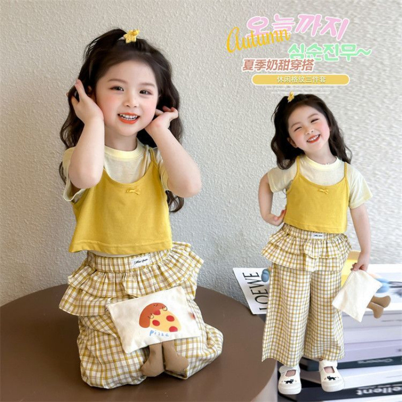 2025夏季新款吊带短袖套装洋气可爱甜美清新花边格子女童三件套潮|undefined
