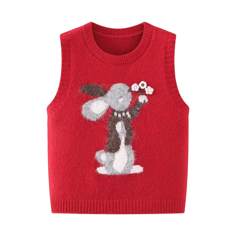 Alpaca wool knit sweater, new spring and autumn cartoon rabbit sweater, pullover vest, sleeveless vest, stylish women's top Alpaca wool knit sweater, new spring and autumn cartoon rabbit sweater, pullover vest, sleeveless vest, stylish women's top