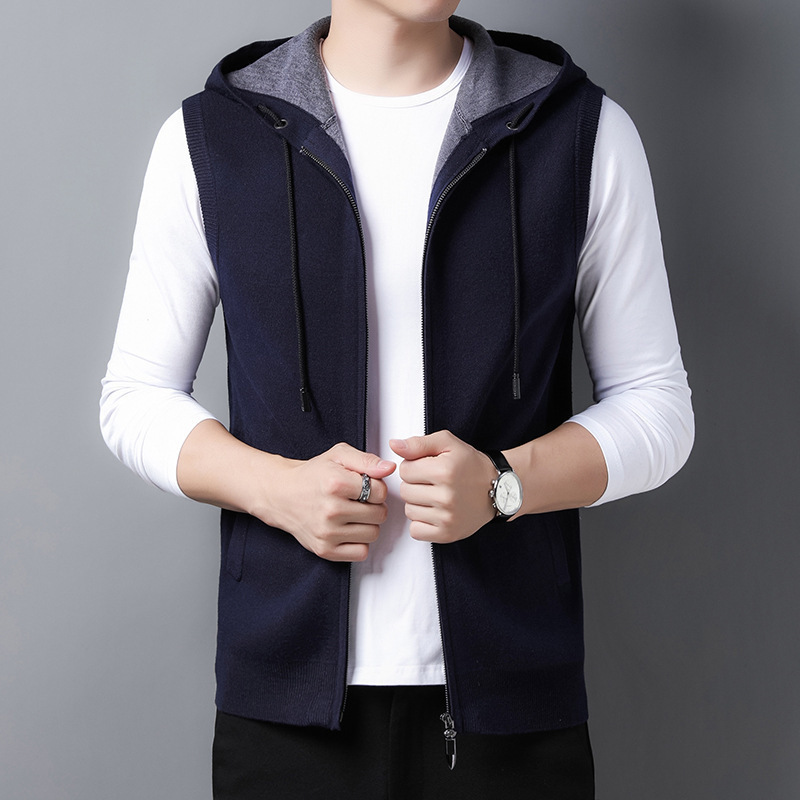 Autumn and Winter New Men's Wool Knitted Hooded Vest Youth Sleeveless Casual Knitted Sweater Zipper Hoodie Waistcoat