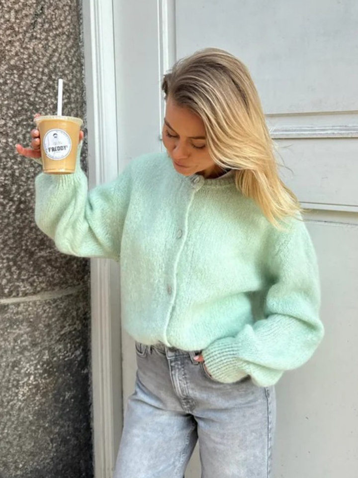 Áo cardigan len dệt kim dáng mỏng nhẹ cài nút một hàng, tay dài cổ tròn nữ — hoa hồng đỏ, màu be, màu cam, màu hoa cà chi tiết 9