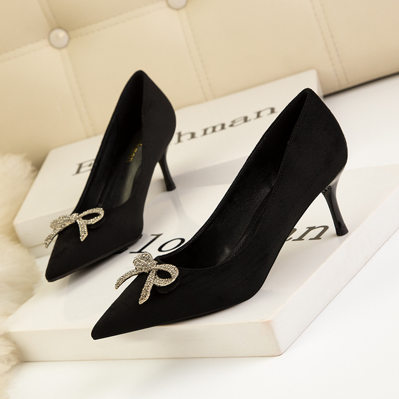 Chaussures à talons hauts tendance pour femmes, talons fins, talons hauts, bouche peu profonde, tête pointue, nœud en diamant, chaussures simples_voghion.com