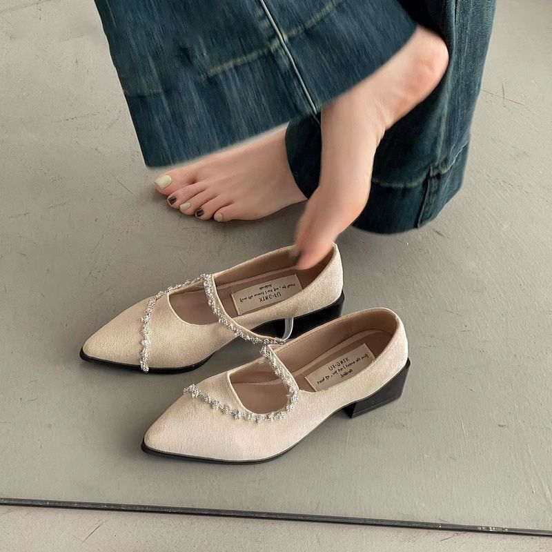 Light Luxury Rhinestone High Heels, Versatile and Elegant, Pointed Toe, Full Coverage, Square Heel, Soft Sole, New Model for Spring/Summer 2025