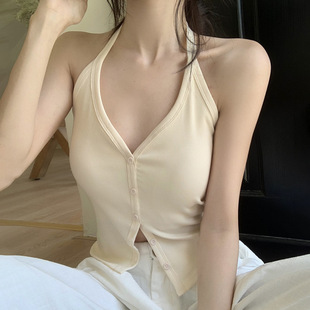 Quality Version RC Cotton Hanging Neck Beauty Back Comes with Chest Pad V-neck Vest Button Cardigan Slim-fit Spice Girl Outer Wear Top Women