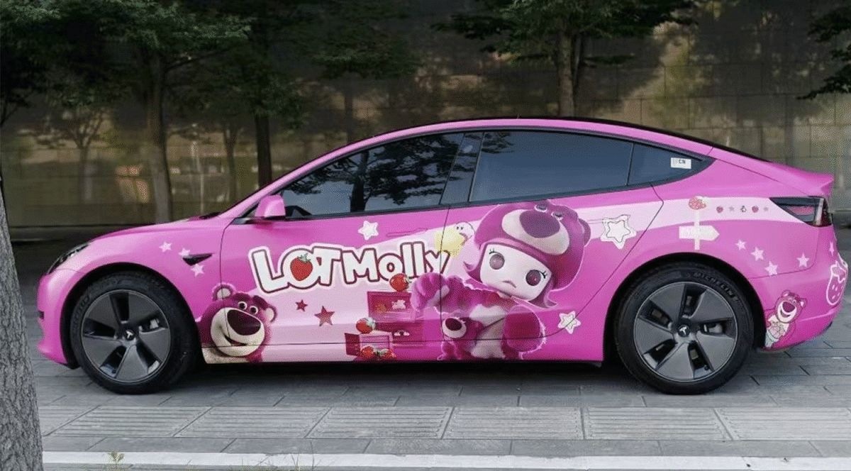 Suitable for Car Color Change Film, Full Car Wrap, New Energy Vehicle Body Painting Film, Gradient Graphic Design, Cartoon Tesla Car Wrap