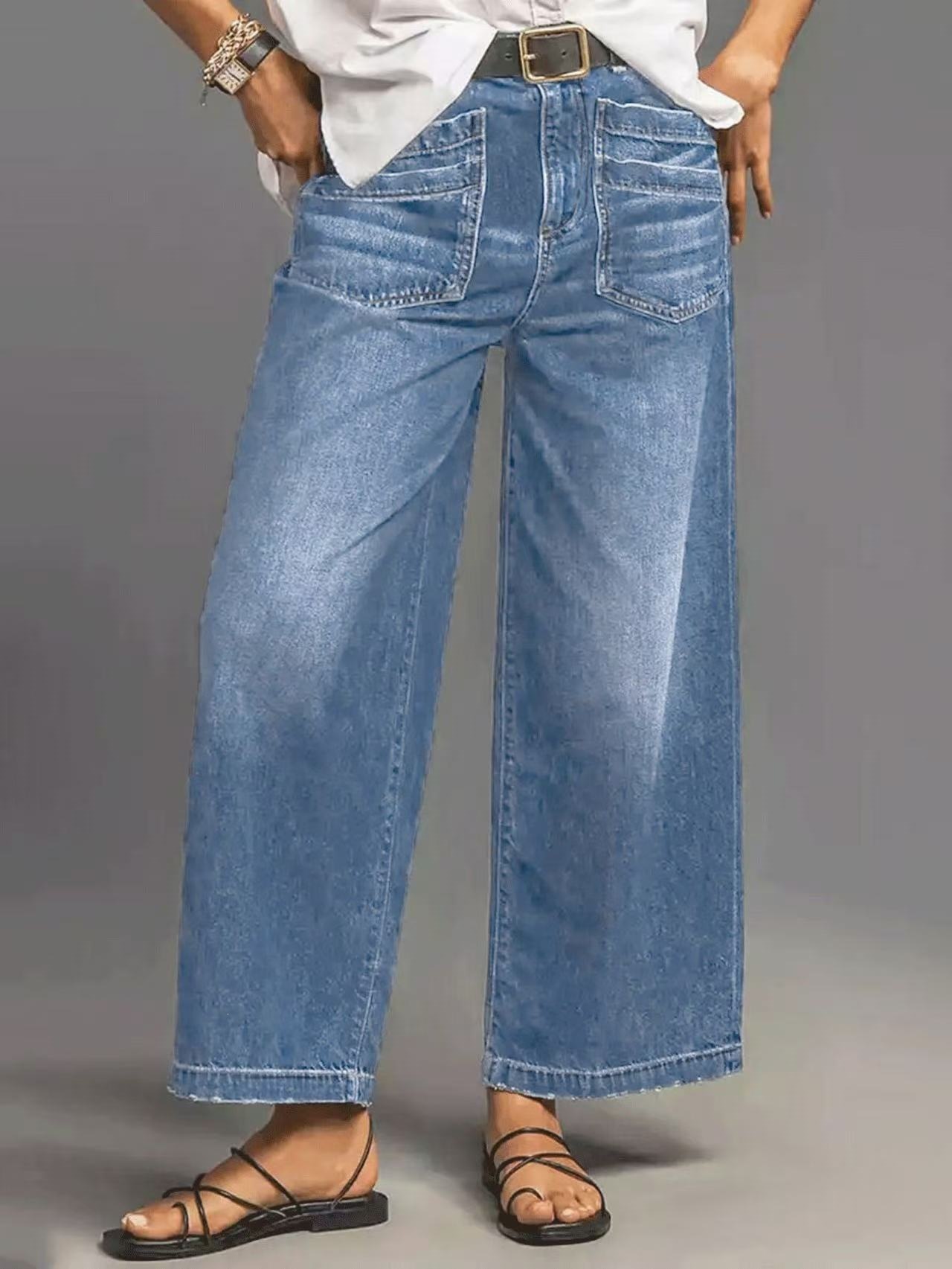 Jeans de Pierna Ancha para Mujer de Mezclilla de Algodón, Cintura Media y Corte Relajado