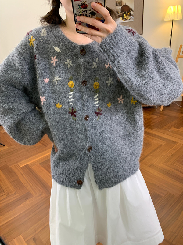 复古重工绣花含羊毛开衫毛衣女2025秋冬新款韩系宽松慵懒针织外套|undefined