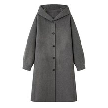 现货2025冬季新款宽松休闲羊驼毛长款毛呢连帽大衣外套 5GA270501