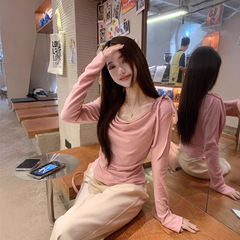 粉色甜辣风系带褶皱长袖T恤上衣女秋季新款内搭打底衫设计感小众