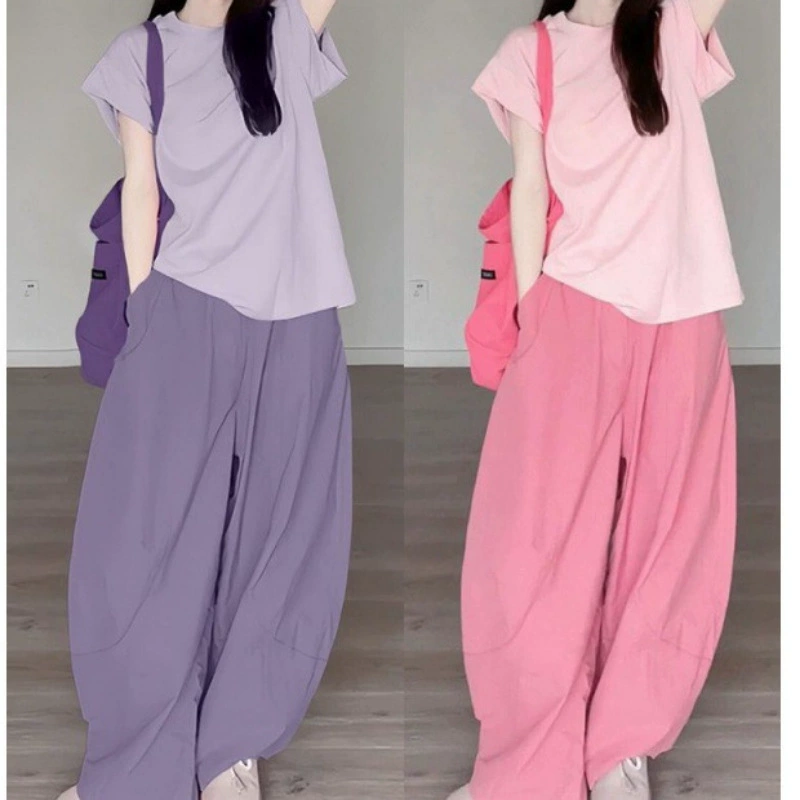 Пятно беременные женщины костюм розовый носить с полным набором игривых живых розовых уменьшенных топов широкие брюки из двух частей