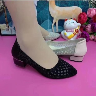 Summer Thick-Heeled Middle-Aged Women's Shoes, Fashionable Hot Diamond Mesh Mother's Shoes, Spliced ​​Real Soft Leather Hollow Breathable Sandals for Women