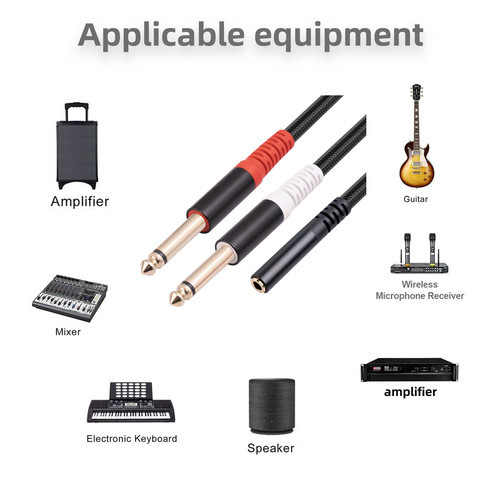 Shielded wire aluminum alloy shell stereo 3.5mm female to dual 6.35 TS 1/4 mono audio cable 0.3 meters
